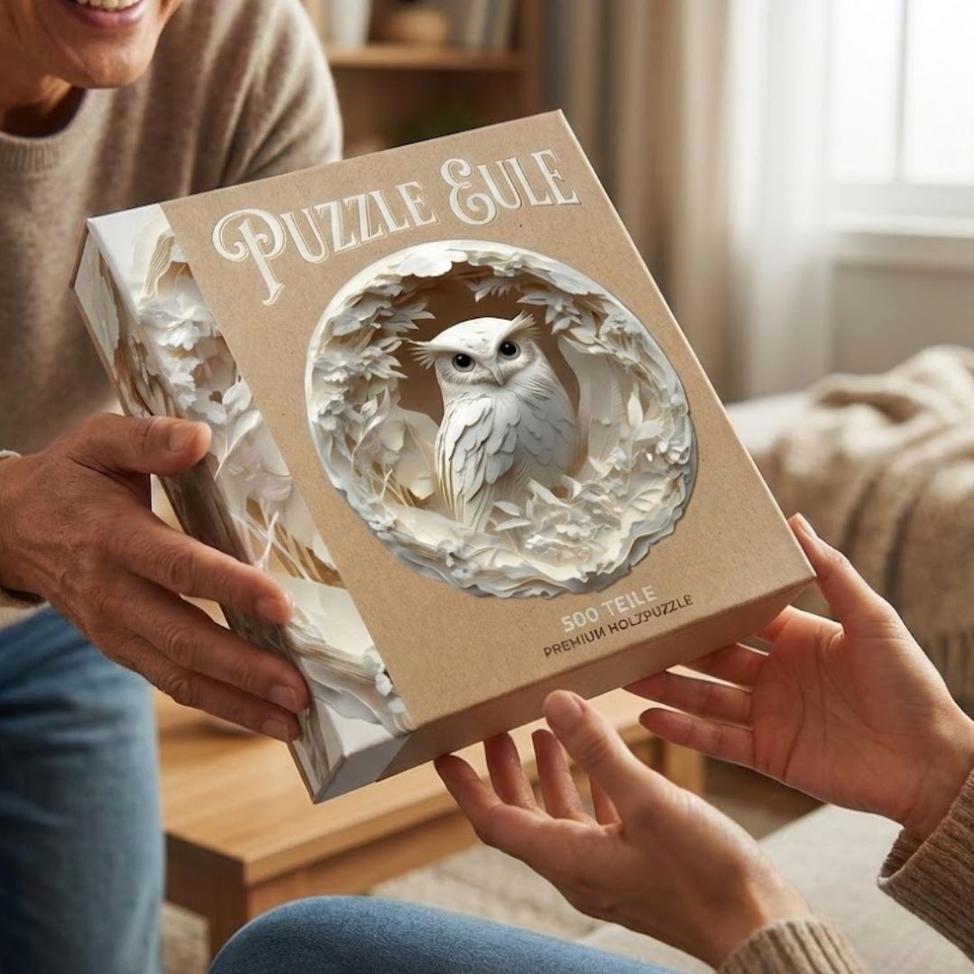 Das fertige EulenGlück Puzzle als Dekoration im Wohnraum