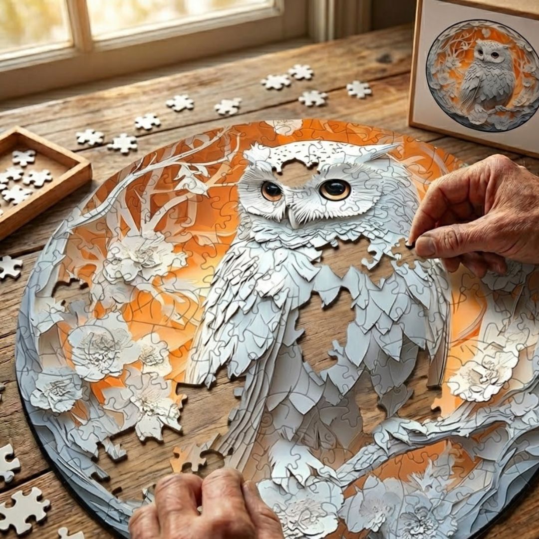 Das EulenGlück Puzzle in seiner Verpackung als Geschenk