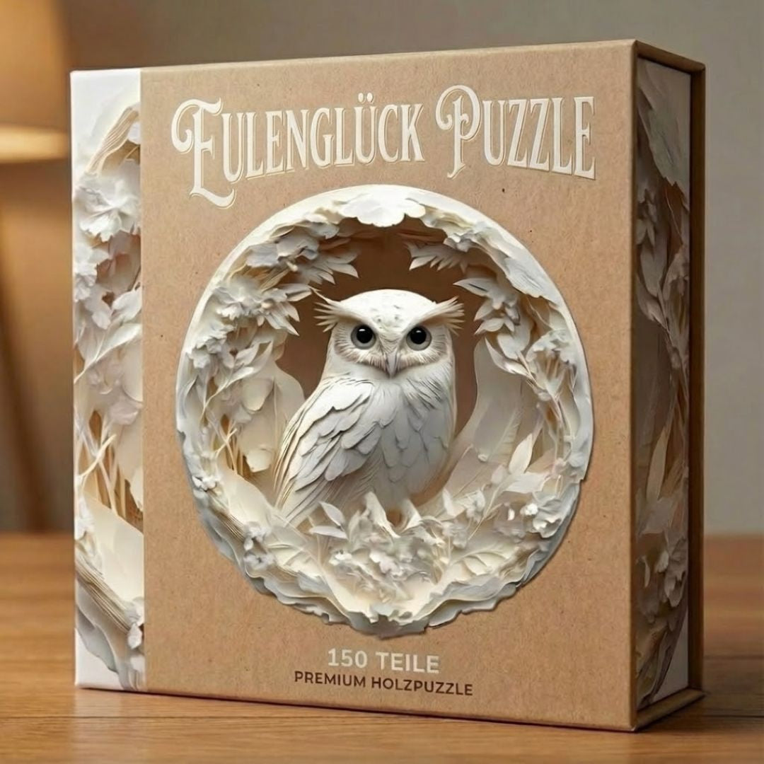 Verpackung des EulenGlück Holzpuzzles mit Eulenmotiv auf einem Holztisch